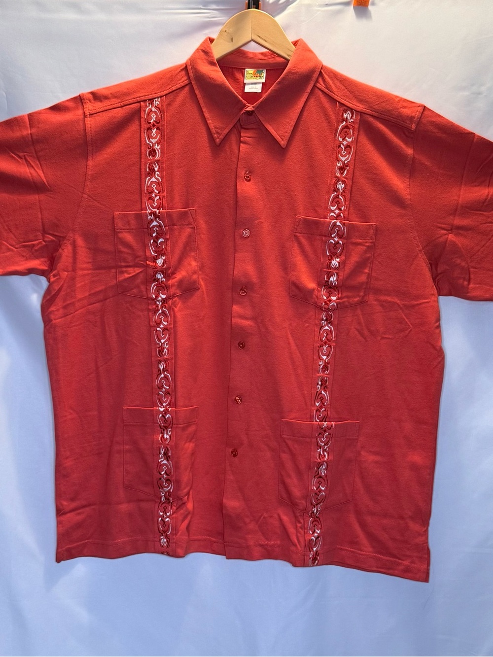 Haband Red Short Sleeve Embroidered Guayabera-Style Button Down Shirt